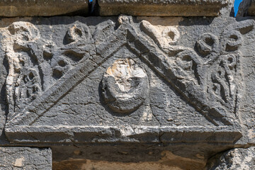 Close up of details of a window of the ancient Bar'am Synagogue in Bar'am National Park in northern...