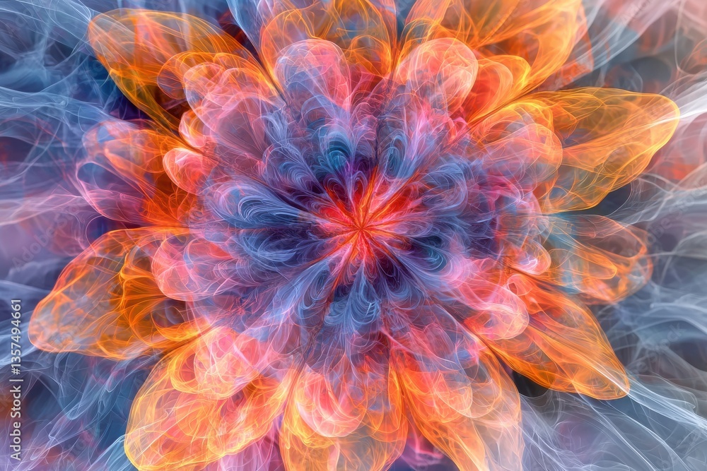 Poster abstract fractal flower with intricate details and vibrant colors, creating a mesmerizing and artist