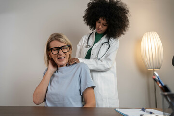 Help, neck pain and medical with mature woman and doctor for injury, healthcare and physical therapy. Tablet, checklist and medicine with expert and patient for examination, research and results