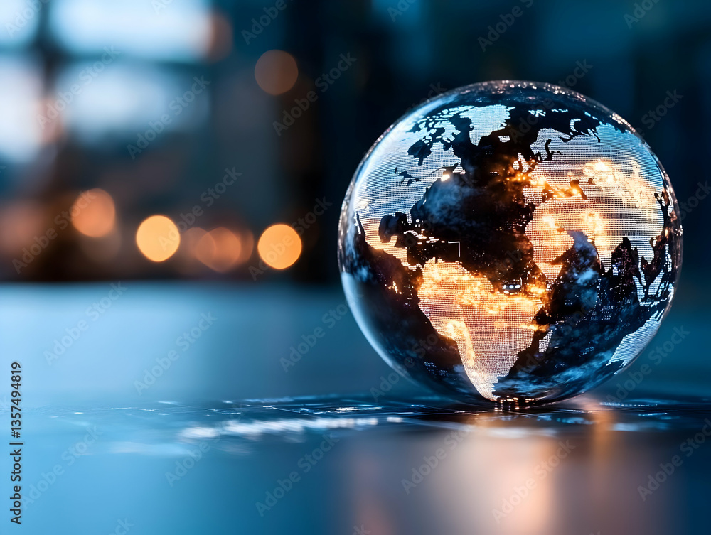Poster crystal earth globe with orange light displaying continents on dark blue reflective surface and blur