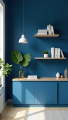 close-up zoom virtual background of beautiful blue modern home office wall shelving, virtual meetings,  blue