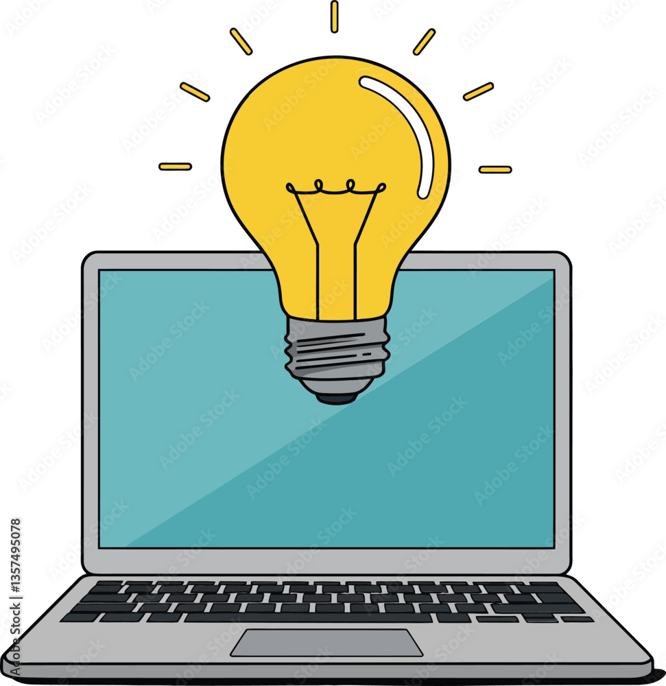 Poster laptop with glowing light bulb above screen in flat design style representing innovation and creativ