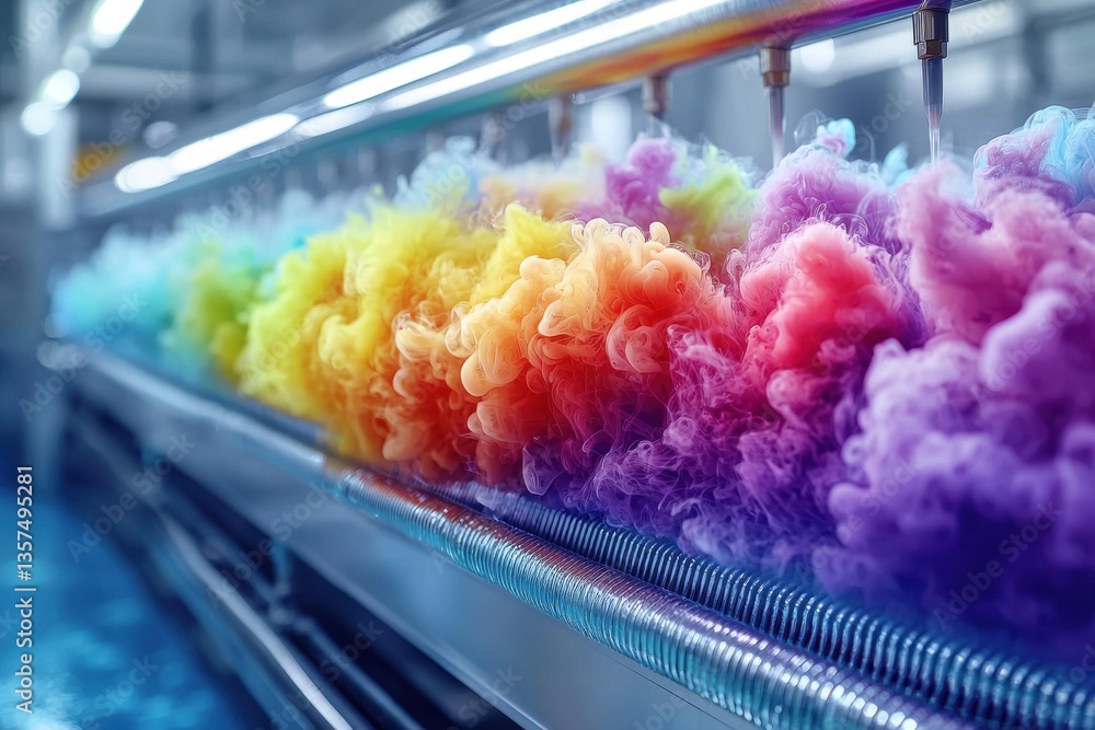Poster a vibrant rainbow gradient of ink plumes emerging from an industrial machine, creating a captivating