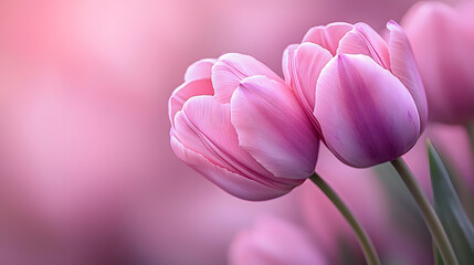 Fototapeta premium Delicate pink tulips blooming against a soft pink background - 