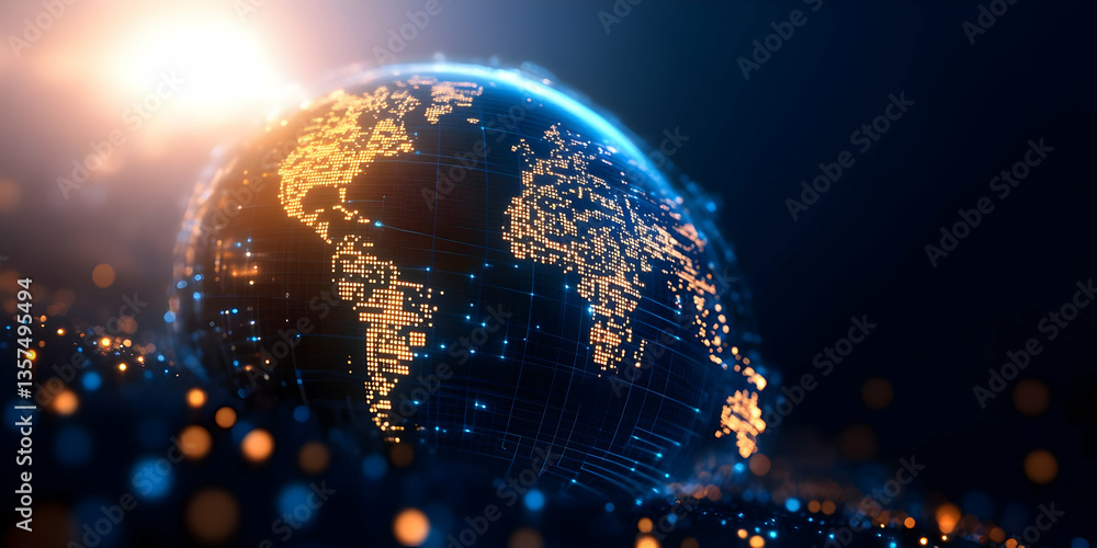 Poster detailed globe with glowing cities digital network on a dark background representing global communic