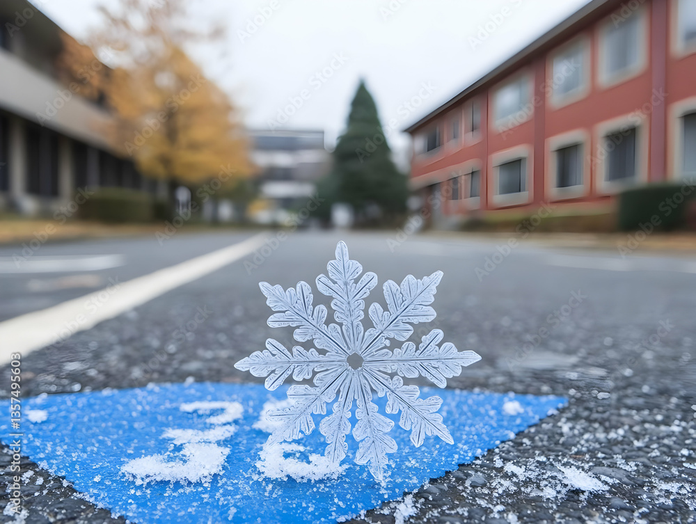 Aufkleber detailed macro shot of a single white snowflake on blue surface showing its intricate crystalline st