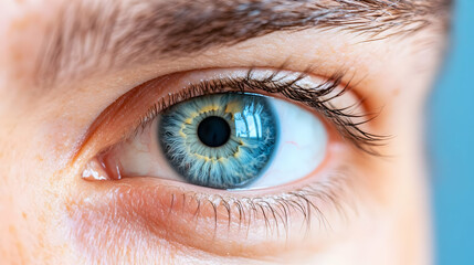 Obraz premium Detailed Macro Shot of a Captivating Blue Human Eye with Clear Reflection on Cornea and Light Skinned Eyelid Showing Biological Eye Anatomy against a Light Blue Background