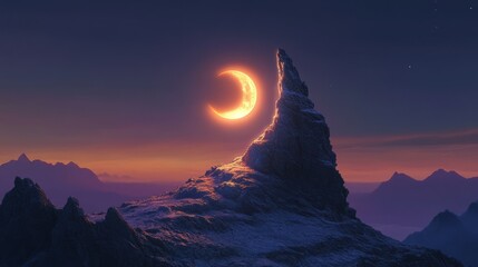 Generic Summit Shaped View Cradling Orb Moon Glowing