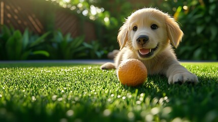 A golden retriever puppy playing with a ball on a lush green lawn under the sun,