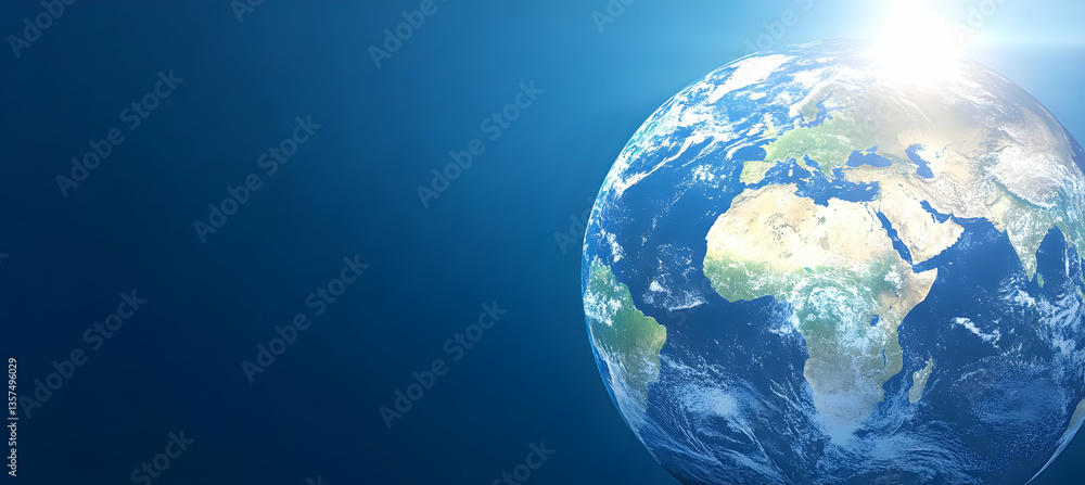 Poster digital render of earth globe with detailed continents and a blue background with a gleaming light s