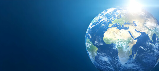Fototapeta premium Digital Render of Earth Globe with Detailed Continents and a Blue Background with a Gleaming Light Source in a Conceptional Style, Depicting Global Connectivity and Exploration