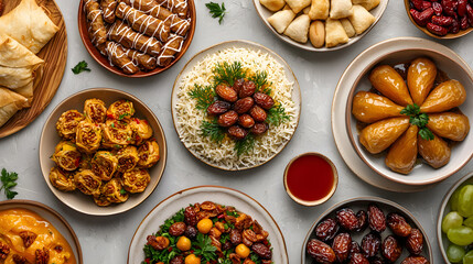 Assorted Middle Eastern dishes beautifully arranged on a table  
