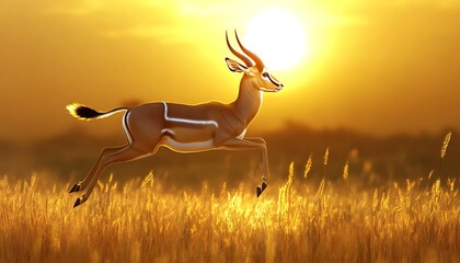 A graceful antelope leaping over tall grass in a savannah, with the golden sun glowing behind it,