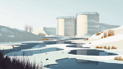 The image is a digital painting depicting a landscape dominated by large, light-colored industrial silos and buildings in the background. The foreground features a snow-covered terrain with subtle