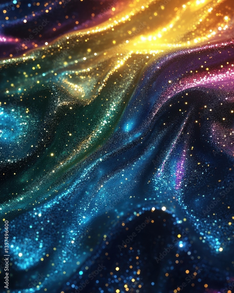 Poster abstract cosmic wave with sparkling glitter particles and vibrant colors creating a dreamy and magic
