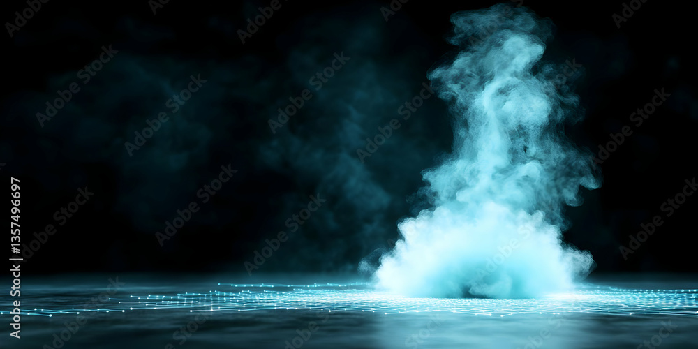 Poster dramatic turquoise smoke rising from ground with shimmering particle effects creates an abstract and