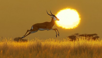 A graceful antelope leaping over tall grass in a savannah, with the golden sun glowing behind it,