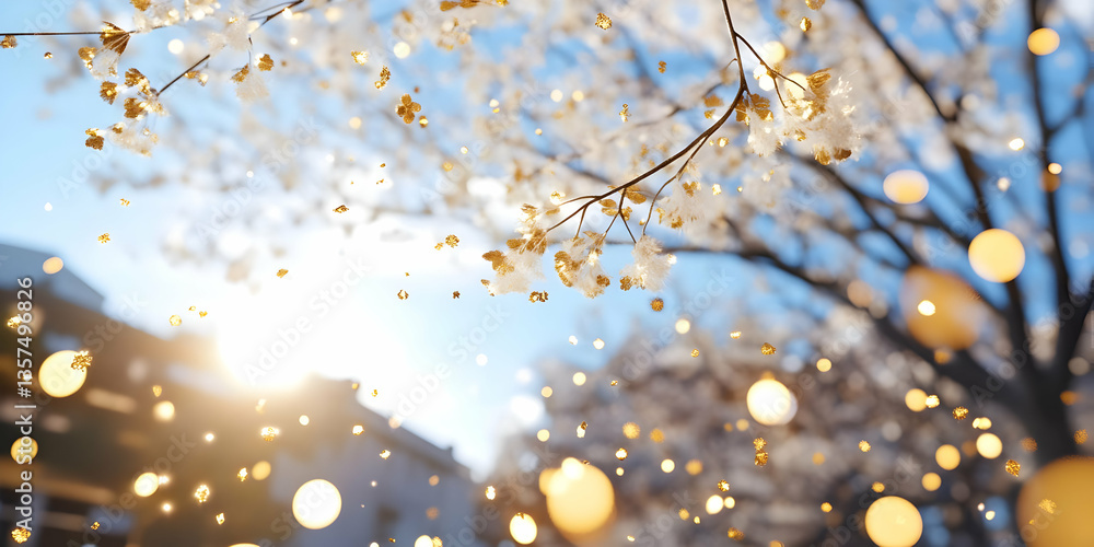 Poster dreamy blossom tree branches with bokeh lights against a soft blue sky on a sunny day creating a tra