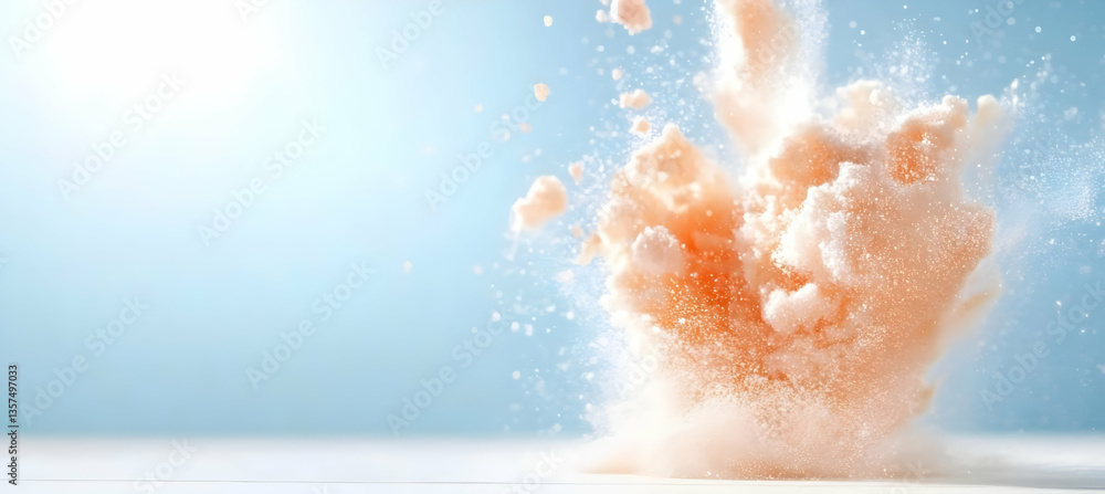 Poster dynamic explosion of rose powder against a soft blue background with scattered particles and a white