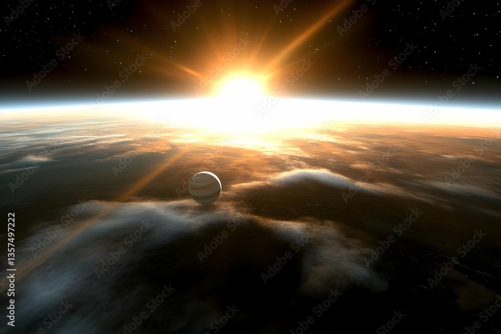 Poster earth sunrise from orbit with golden atmosphere and cloudscape with tiny spherical structure in the 