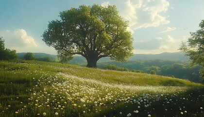 Fototapeta premium Spring meadow, lone tree, hills, sunset