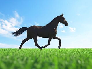 A graceful horse running freely in a field of green grass with a vivid blue sky above,