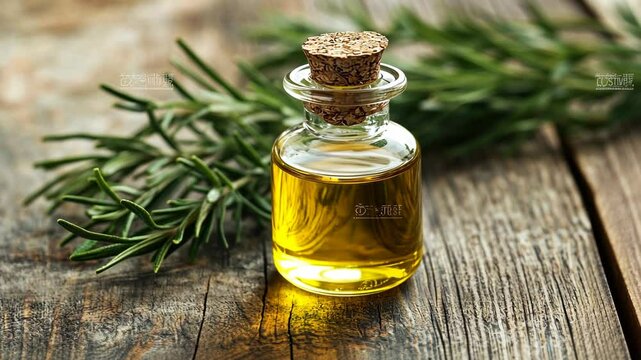 Essential oil bottle with cork stopper beside fresh rosemary on rustic wooden surface