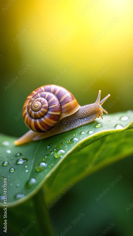 Aufkleber close-up of a colorful snail on a dewy leaf with vibrant background blurring in natural light