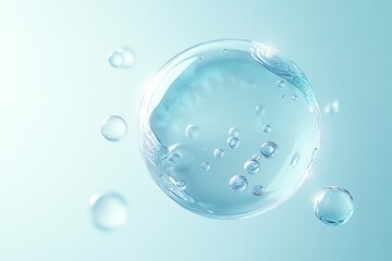 Floating Water Bubble with Smaller Bubbles on a Light Blue Background