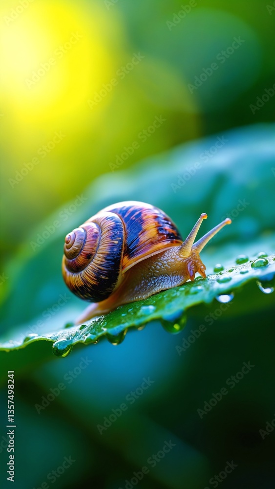 Aufkleber close-up of a colorful snail on a dewy leaf with vibrant background blurring in natural light