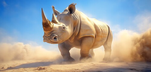 A majestic rhinoceros standing on a dusty savannah, with dust swirling around its massive body,
