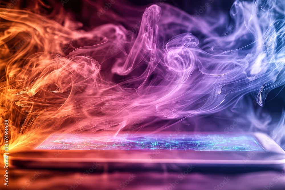 Poster vibrant smartphone display with colorful smoke and abstract glowing network, creating an ethereal an