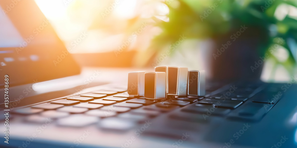 Poster financial growth chart on laptop keyboard with blurred background and bokeh effect represents busine