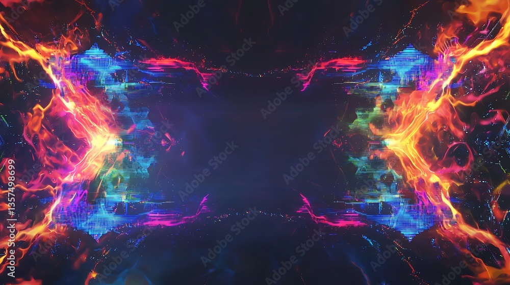 Poster vibrant abstract background with colorful light trails and digital patterns for creative designs