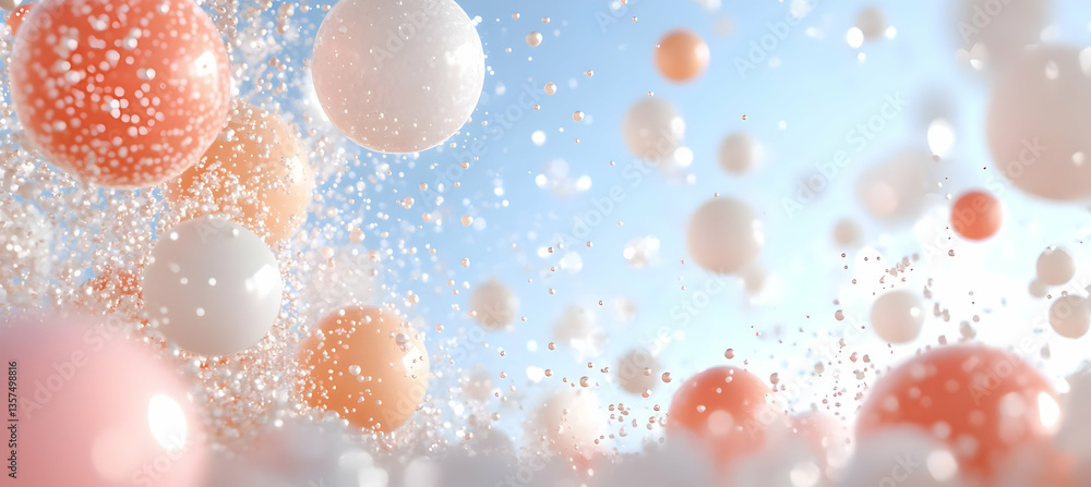 Poster floating spheres with glitter on light blue background in soft pastel colors abstract composition of