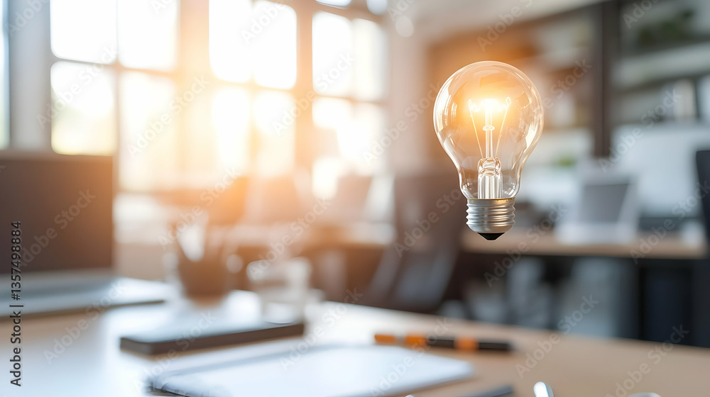 Poster floating lightbulb illuminating modern office desk with laptop and stationery representing ideas and