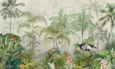 Canvas schilderij Jungle Mural Wallpaper. Watercolor Rainforest. Vintage Tropical Background   © александр Бужореан
