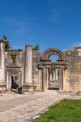 The facade of the ancient Bar'am Synagogue in Bar'am National Park in northern Israel near the Lebanese border.
