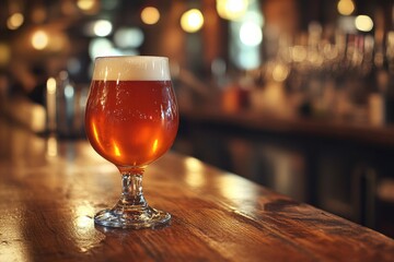 Goblet of India Pale Ale Resting on Rustic Wooden Bar Counter