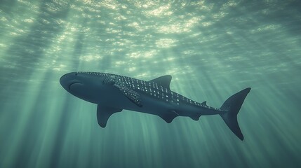 A majestic whale shark swimming peacefully in the ocean, surrounded by light filtering through the water,