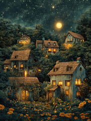 Naklejka premium A fabulous moonlit night covered the cute little houses.