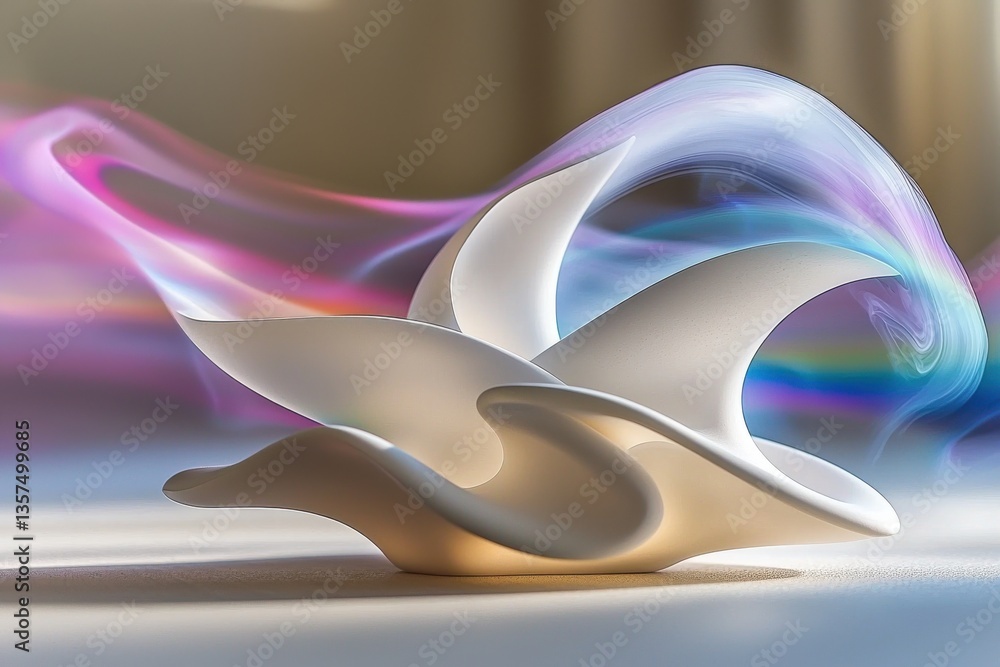 Aufkleber an abstract sculpture with flowing lines and iridescent light trails, creating a sense of movement a