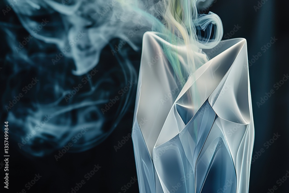 Poster an abstract composition featuring a crystal-like structure enveloped in wisps of smoke, creating a s