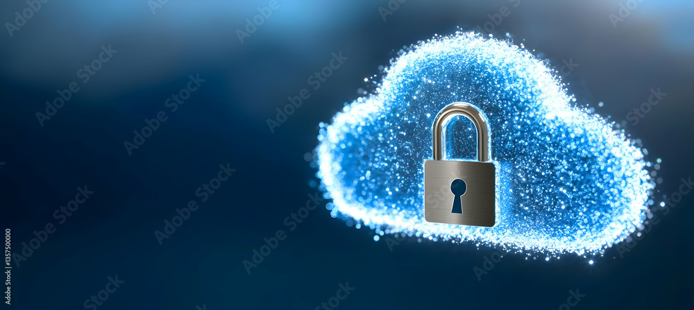 Poster glowing cloud data with silver padlock illustrating network security on dark blue background for cyb