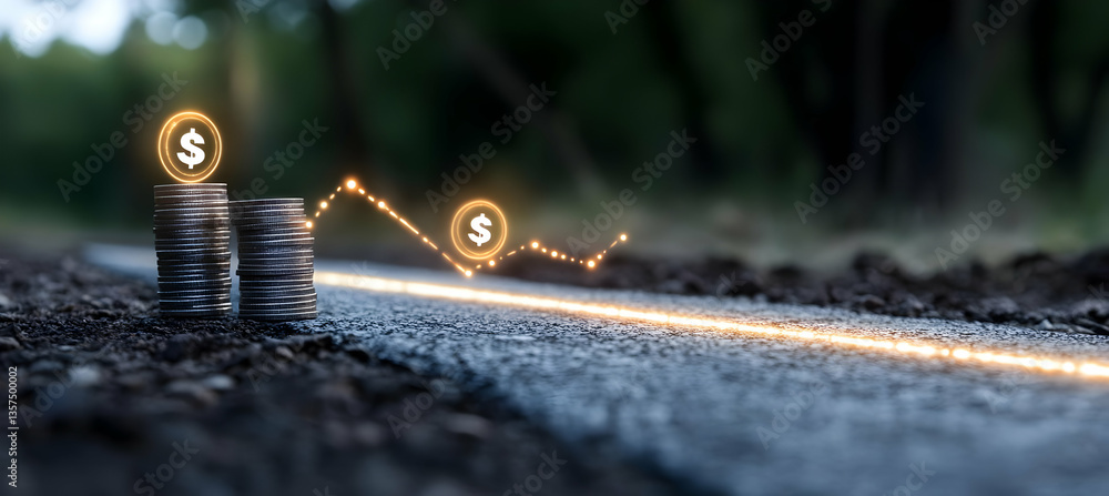 Aufkleber glowing coins stack with increasing sparkle chart shows progress and investment concept on dark grey
