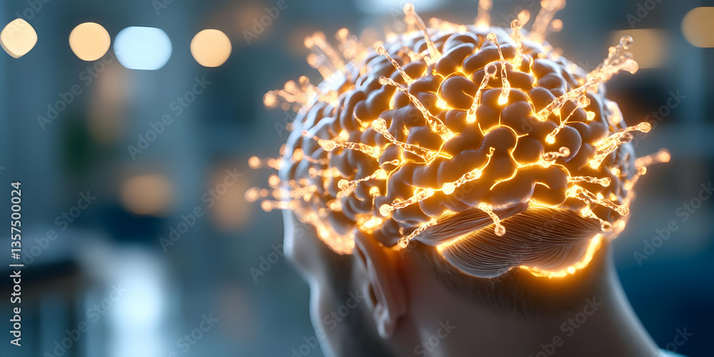 Poster glowing digital brain concept visualizing human intelligence with abstract neural connections and fu