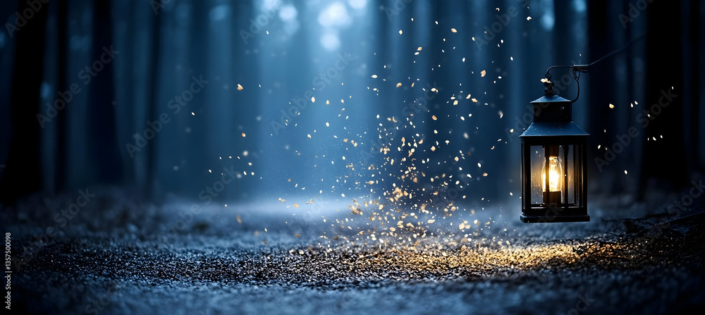 Poster glowing lantern casting light on forest path with dark blue trees and ground at twilight with warm g