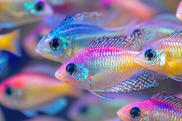 Fototapeta premium The most beautiful rainbow of all the rainbow colors., in an aquarium full of vibrant tropical fish