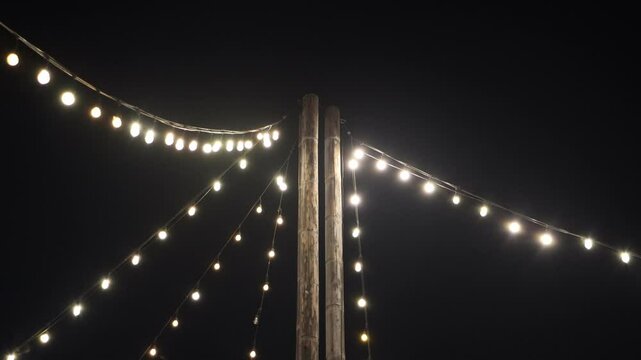 Decorative strings of light bulbs on a bamboo pole with the night sky in the background