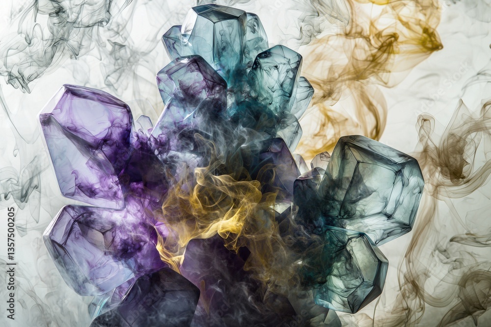 Poster a cluster of luminous crystals enveloped in wisps of ethereal smoke, creating a dreamlike and otherw